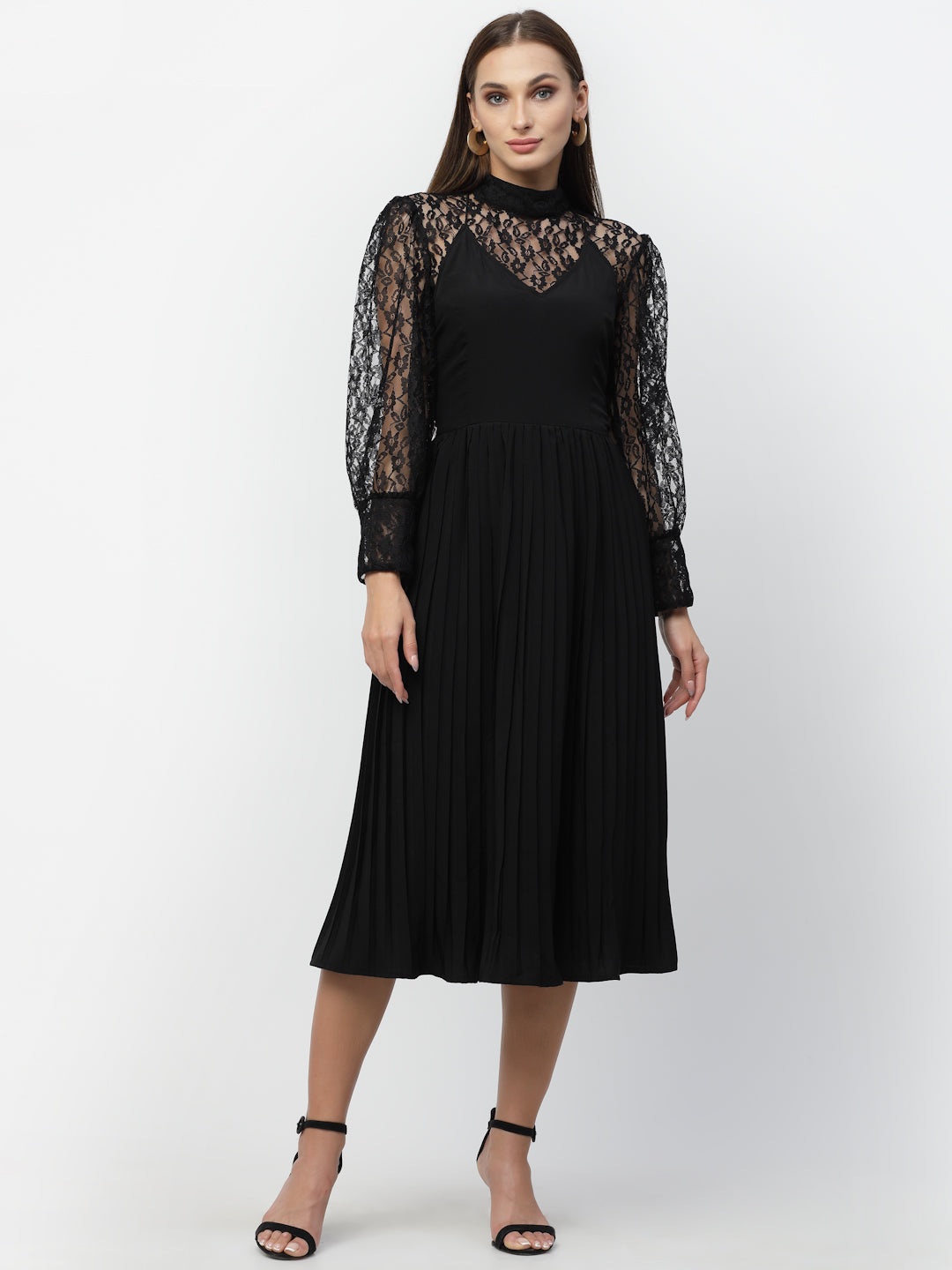 Black Flared Pleated Dress With Lace Top
