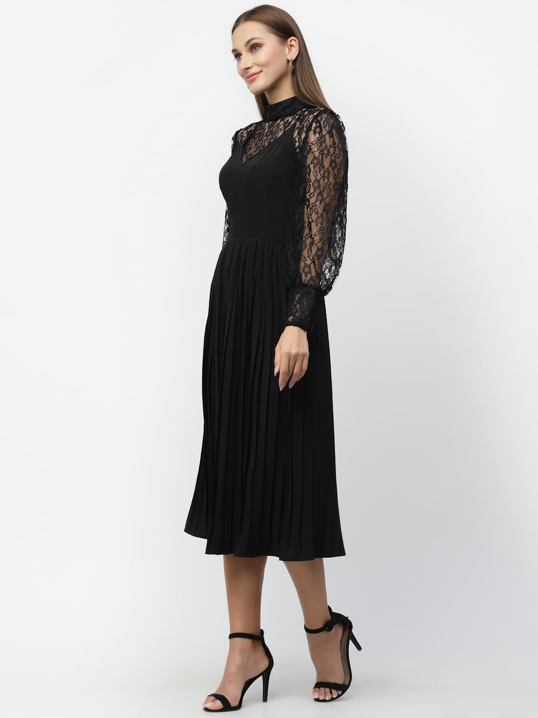 Black Flared Pleated Dress With Lace Top