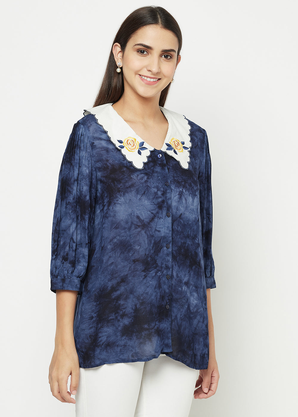 Embroidered Collar Tie-Dye Tunic
