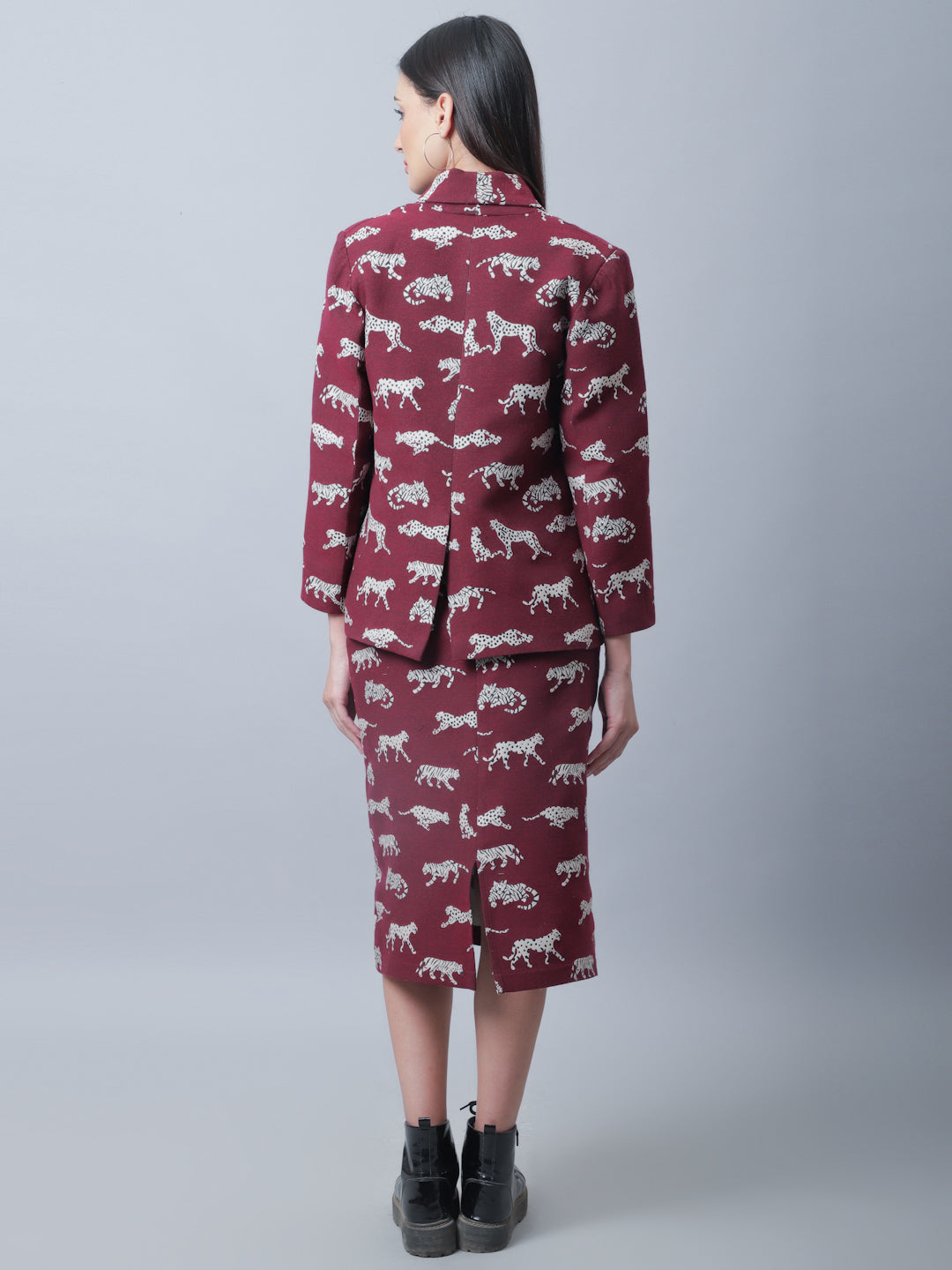 Maroon Tiger Patterned Coat With Long Skirt Co-Ord Set