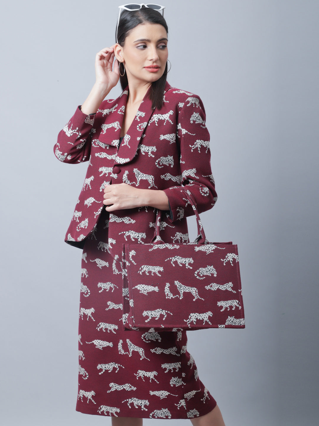 Maroon Tiger Patterned Coat With Long Skirt Co-Ord Set