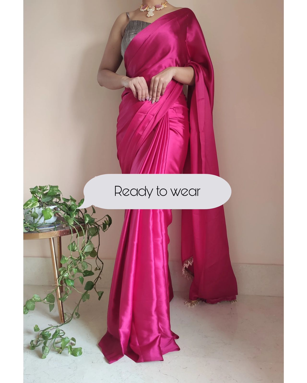 1-MIN READY TO WEAR  Hot Pink Satin Silk Saree With Handmade Tassels On Pallu