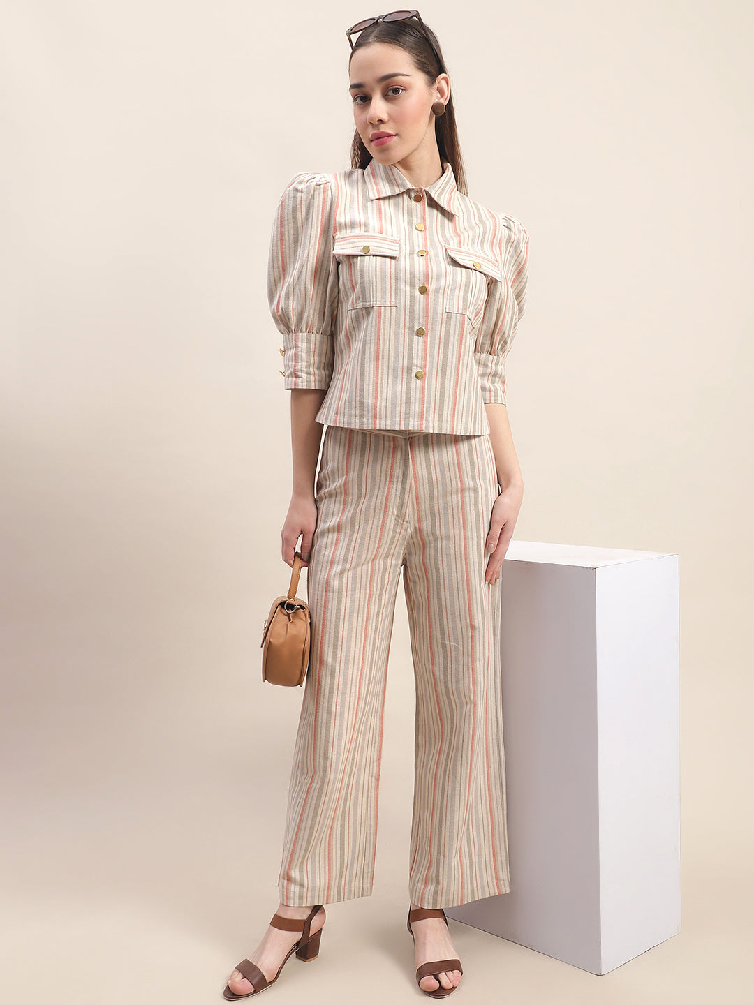 Beige Co-Ord Set With Multicolored Stripes