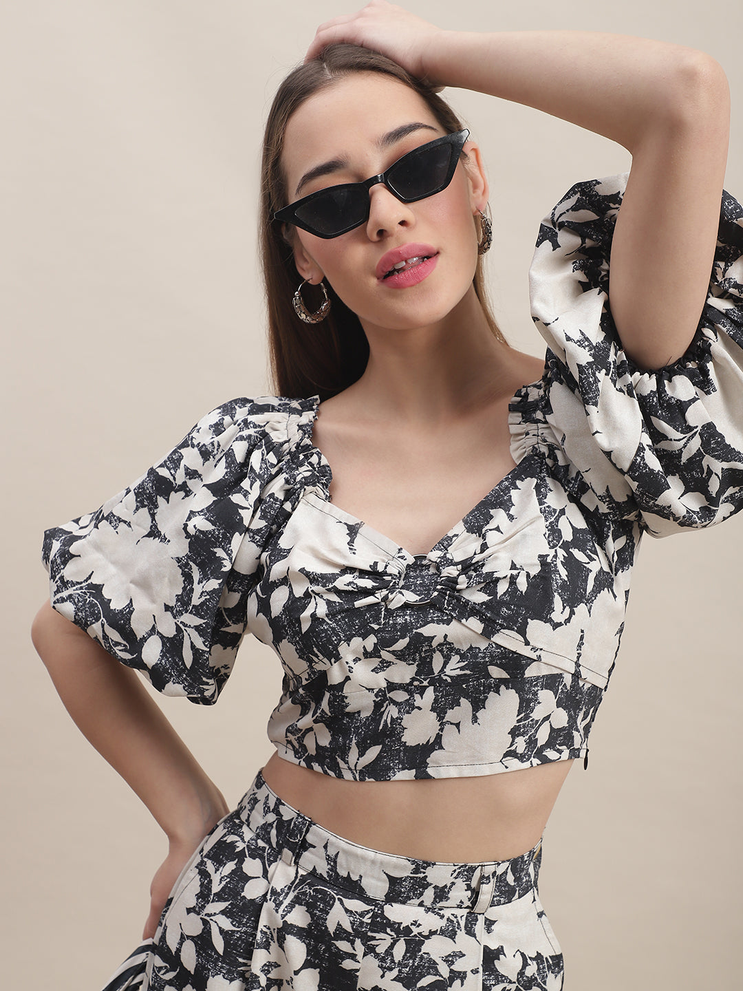 Melon Sleeve Crop Top With Pants Co-Ord Set