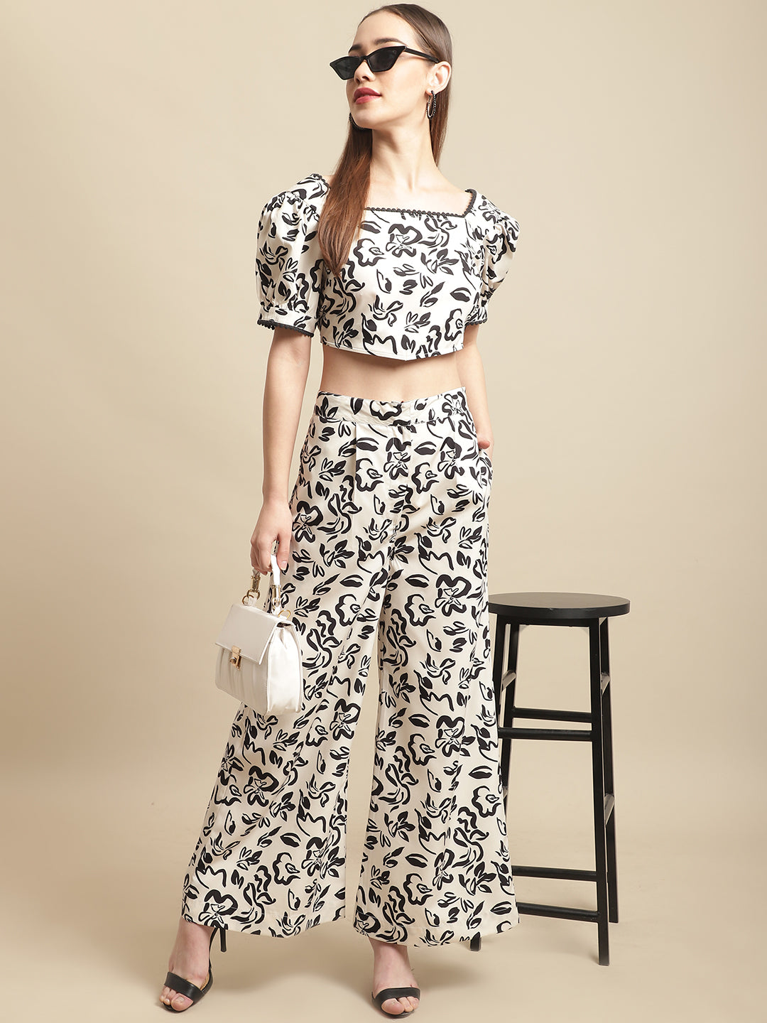 Black & White Crop Top With Pants Co-Ord Set