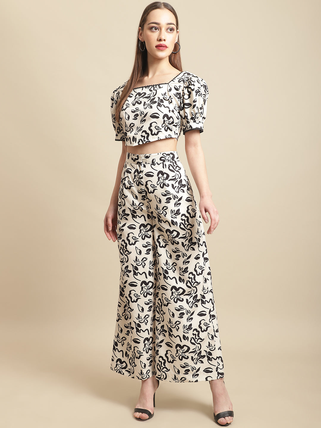 Black & White Crop Top With Pants Co-Ord Set