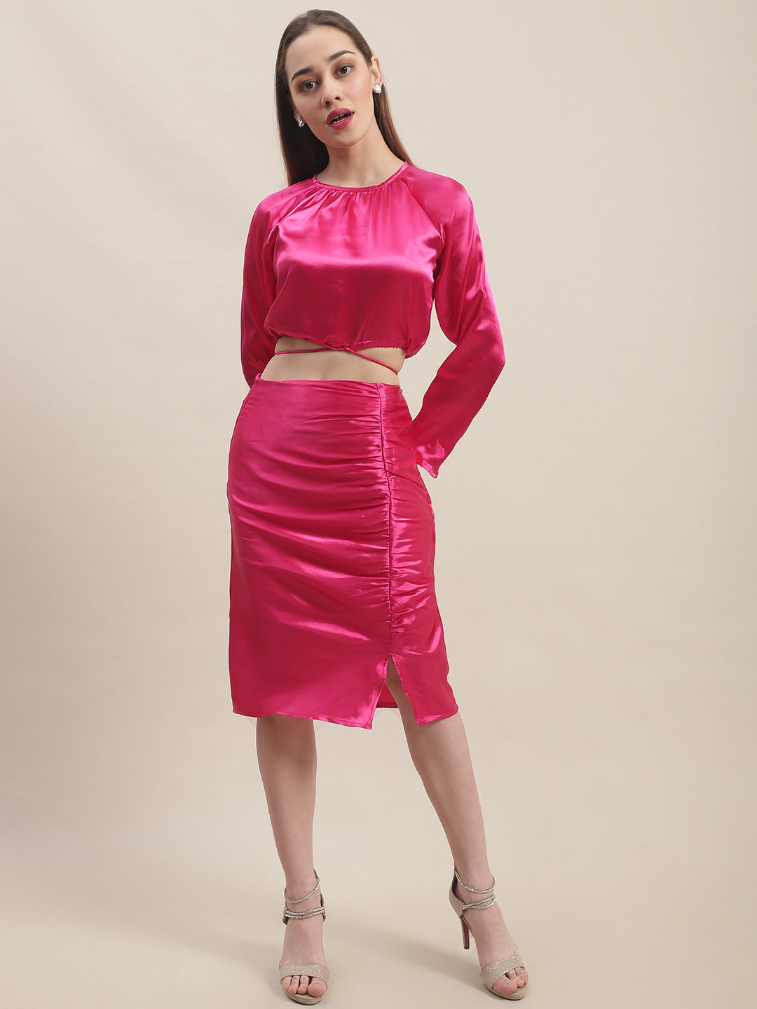 Hot Pink Top With Midi Skirt Co-Ord Set