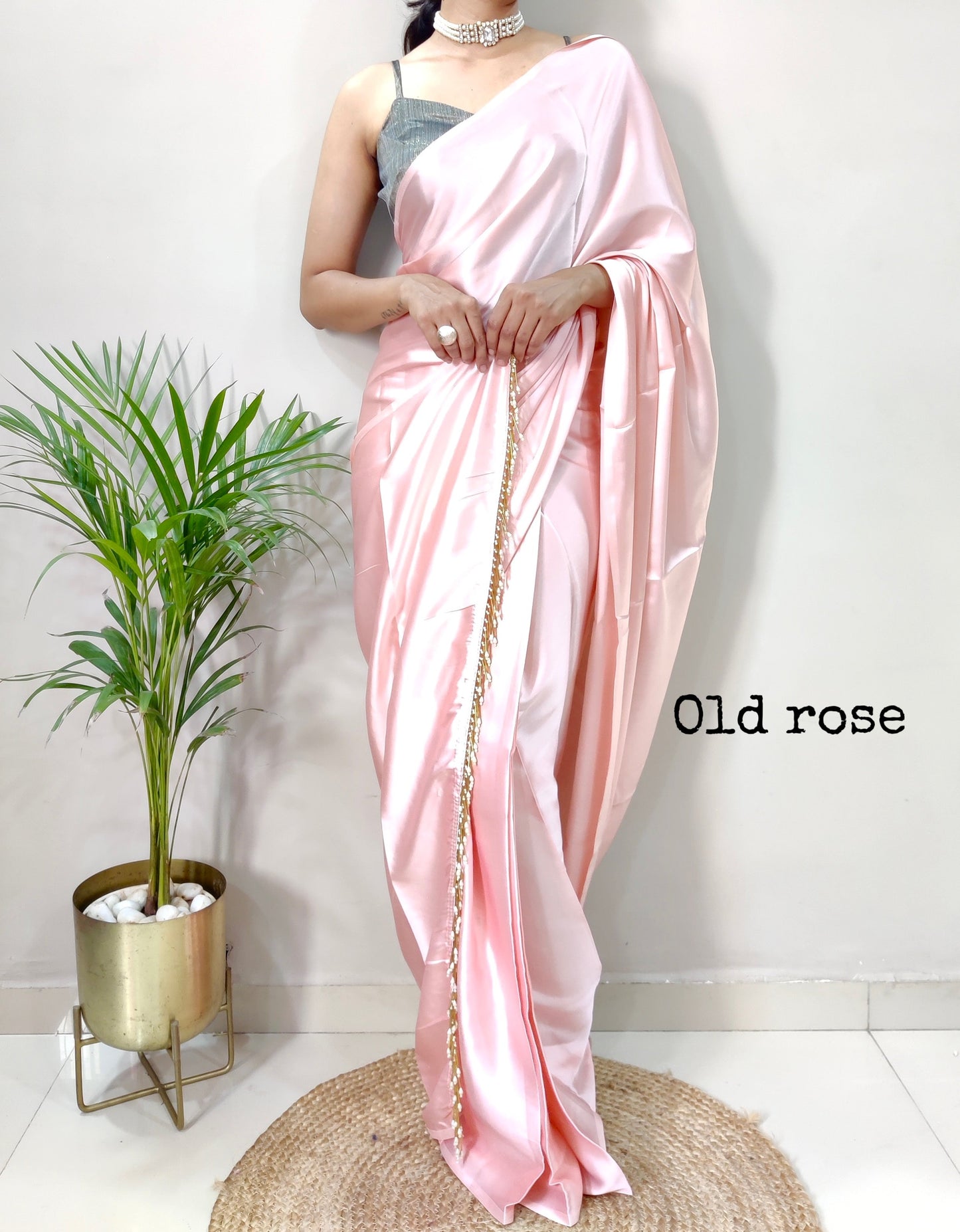 1-MIN READY TO WEAR  Old Rose Satin Silk Saree With Handmade Tassels On Pallu