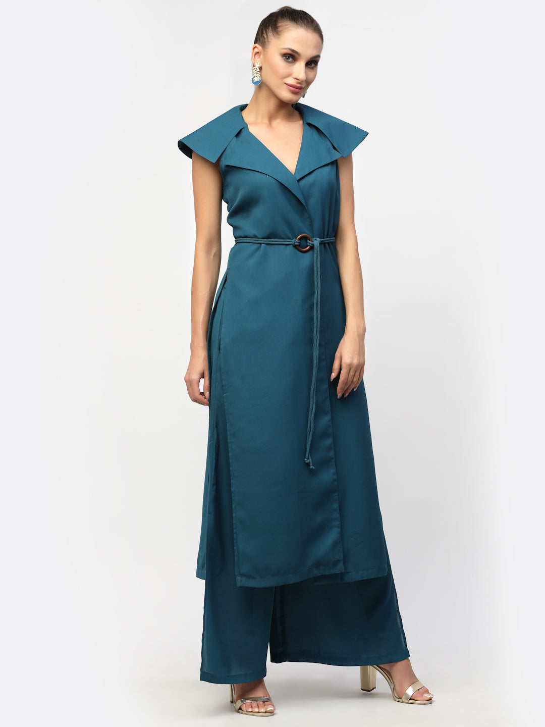 Teal Blue Drape Jacket With Trousers