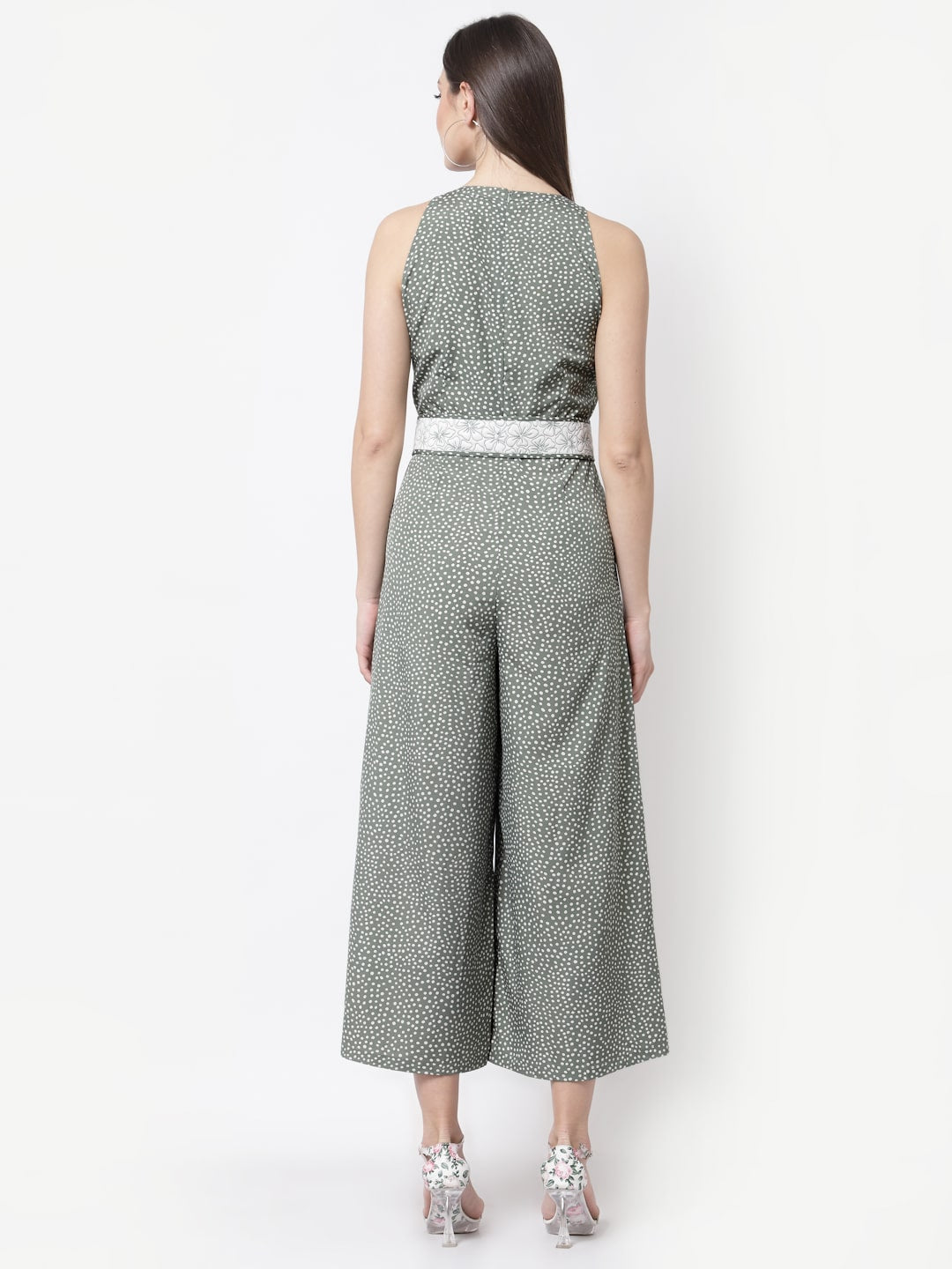 Green Polka Printed Jumpsuit With Quilted Belt