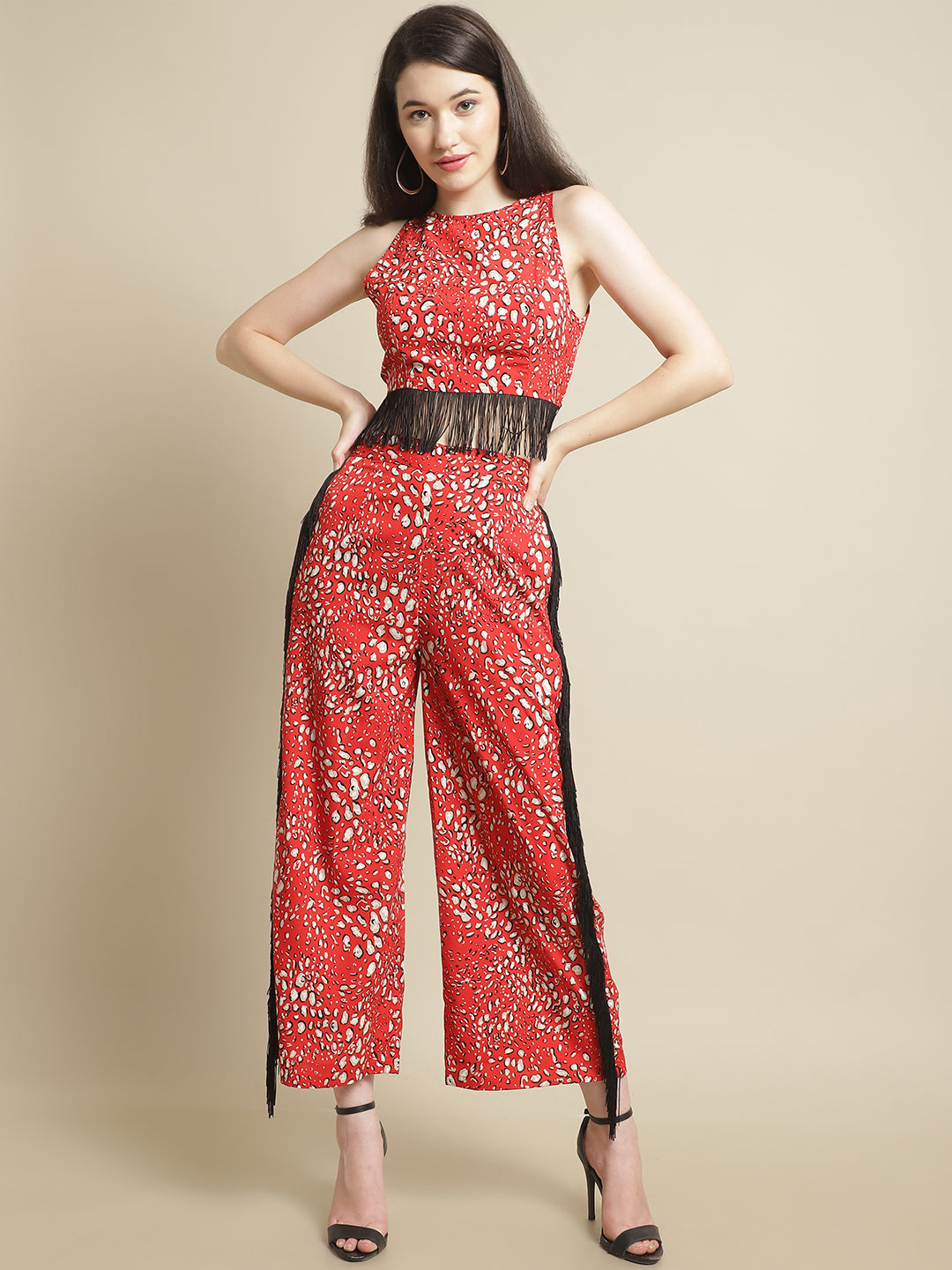 Red & Black Fringed Lace Top With Trouser