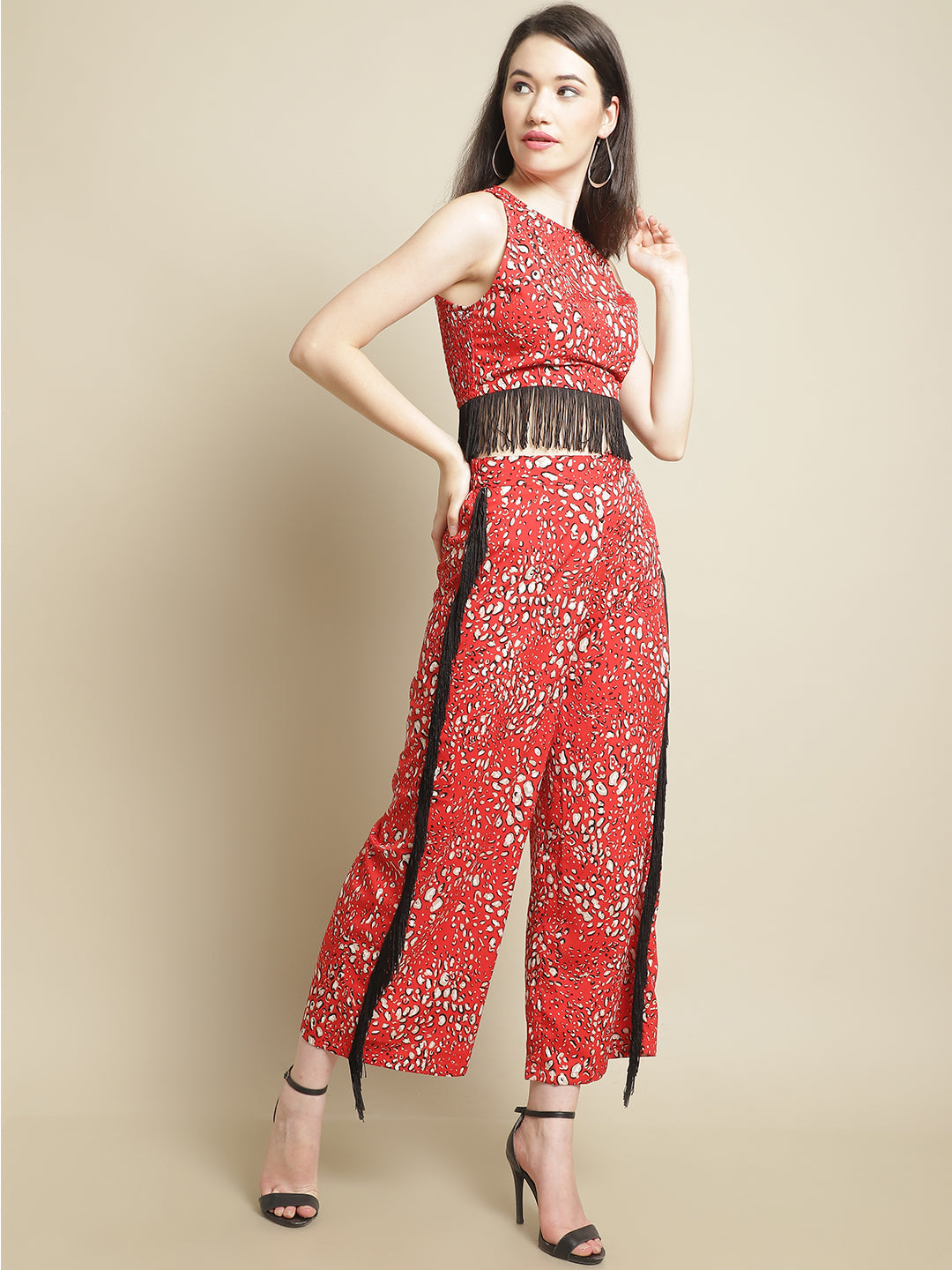 Red & Black Fringed Lace Top With Trouser