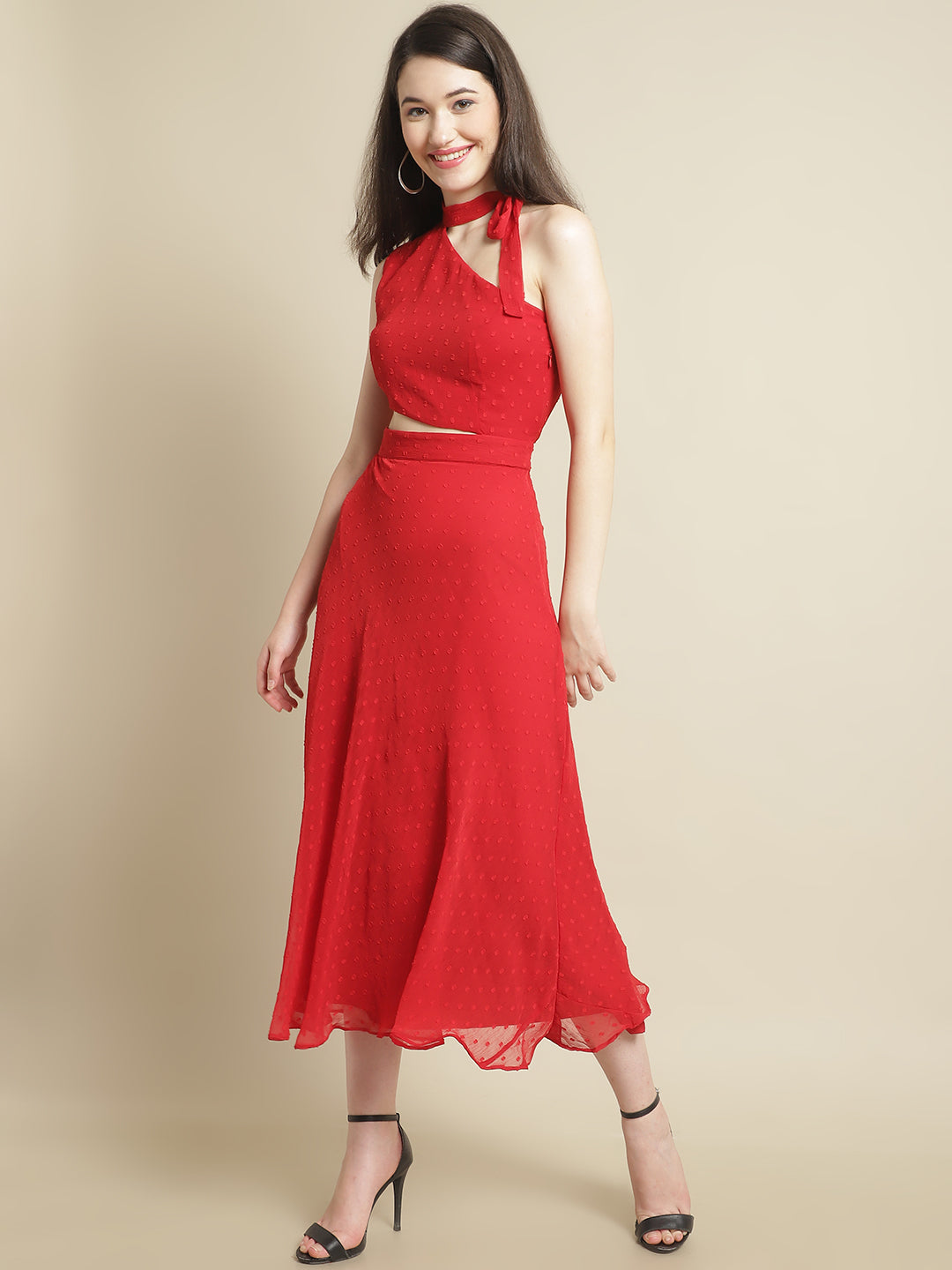 Red Side Cut-Out Dress With Neck Tie Band
