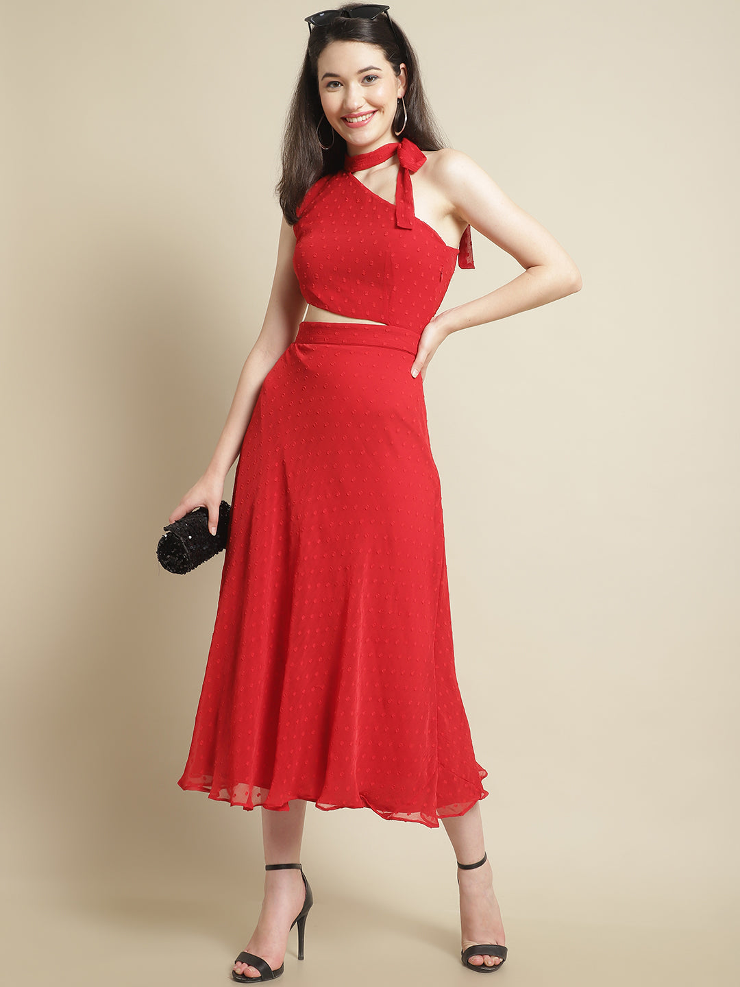 Red Side Cut-Out Dress With Neck Tie Band