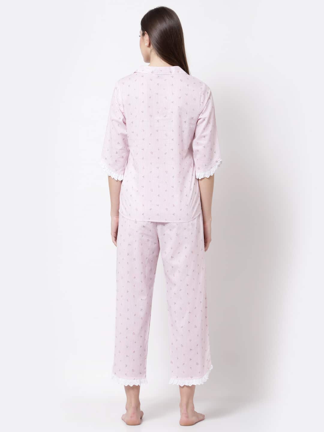 Pink And White Stripes With Lace Frill Pyjama Night Suit