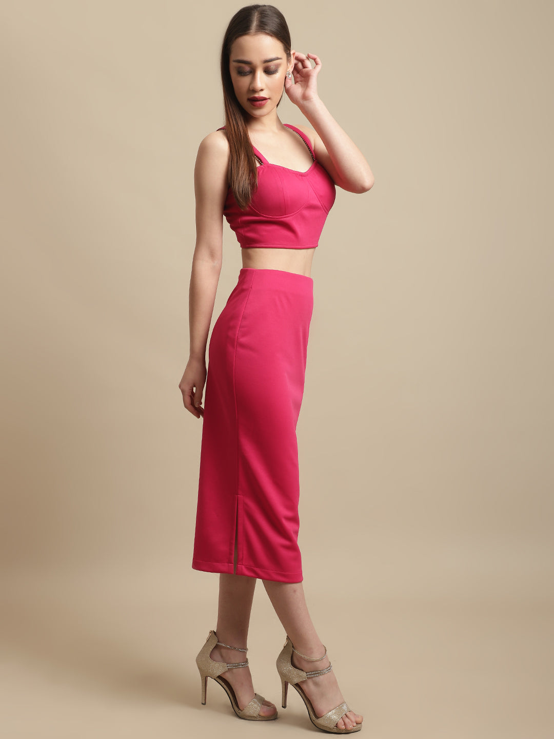 Pink Stone Straps With Skirt Co-Ord Set