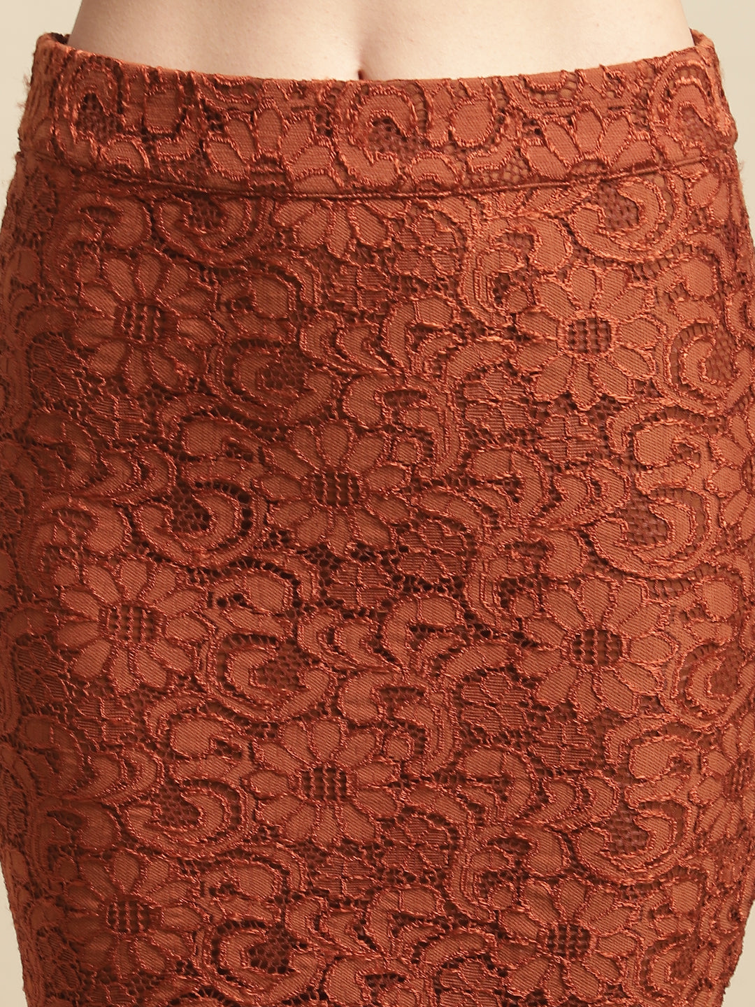 Orange 3Pc Lace Pencil Skirt With Organza Top