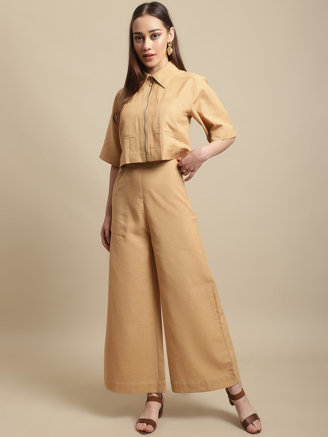 Mustard Crop Shirt With Long Trouser Co-Ord Set
