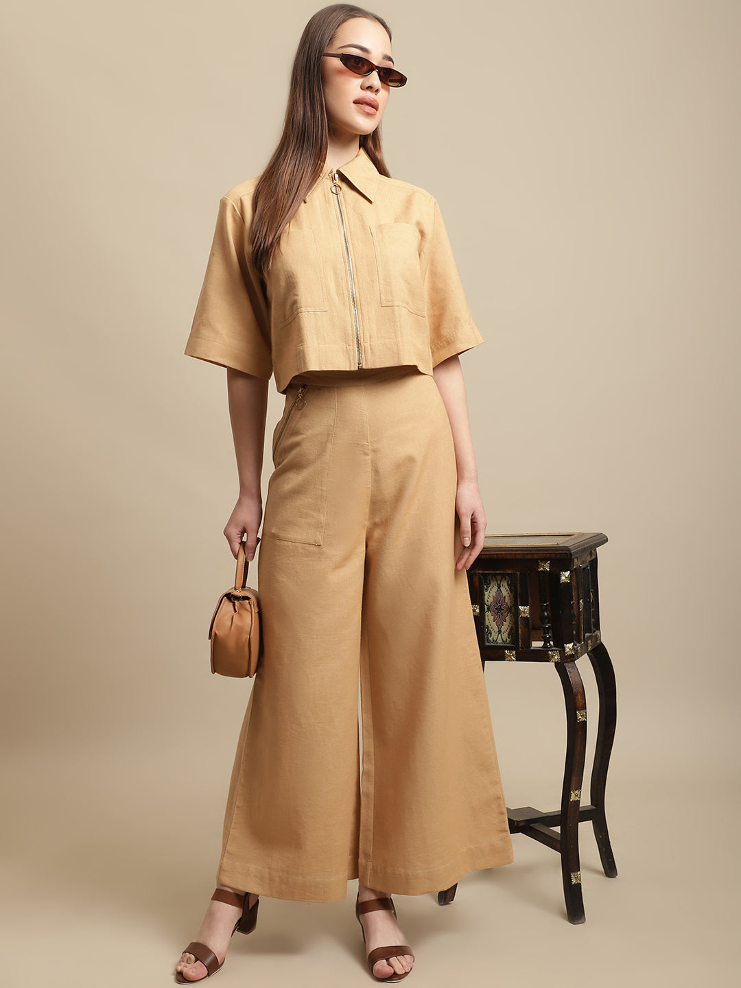 Mustard Crop Shirt With Long Trouser Co-Ord Set