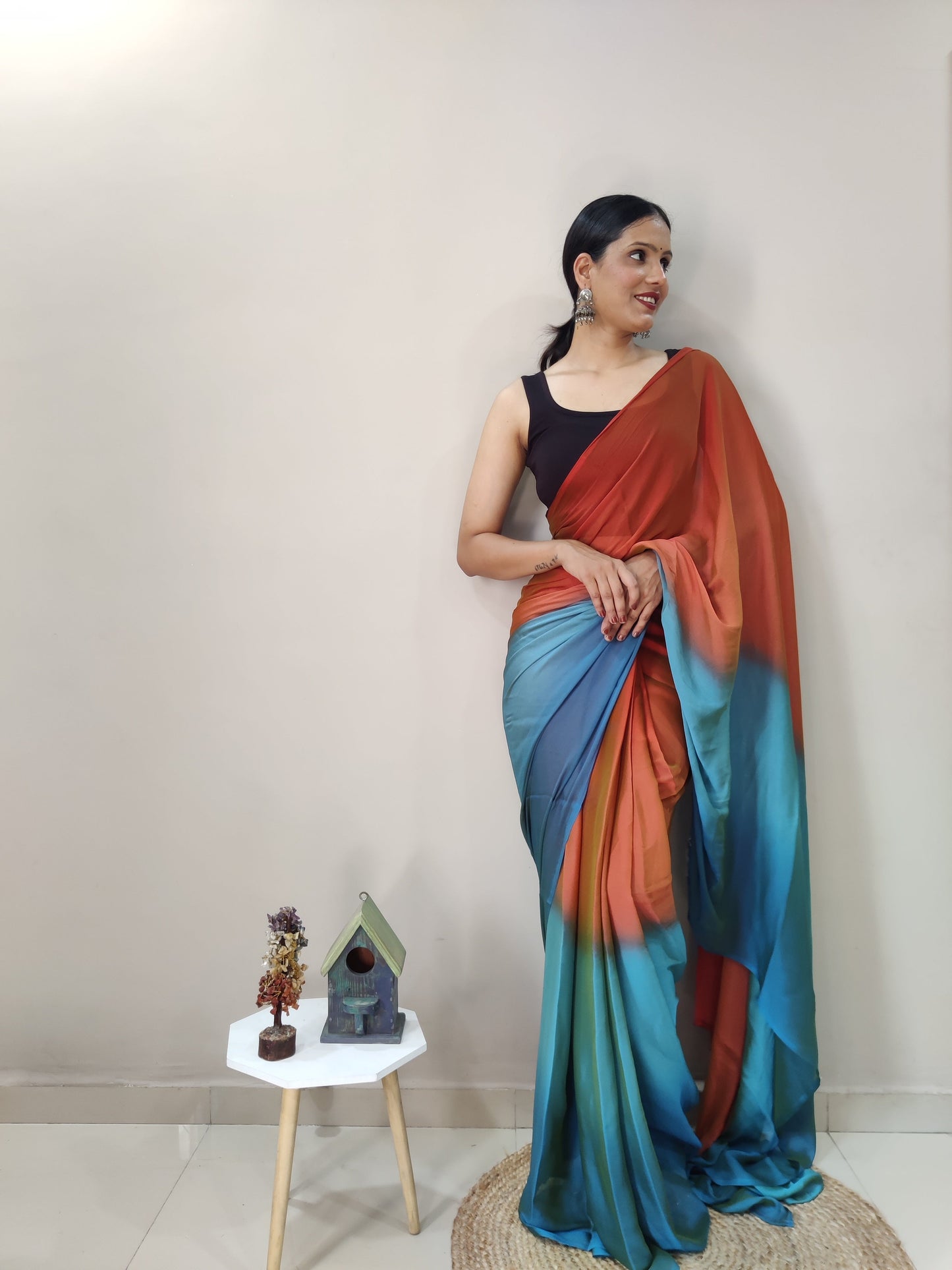 1-MIN READY TO WEAR  SUNEST SKY IMPORTED SILK SAREE  WITH BLOUSE