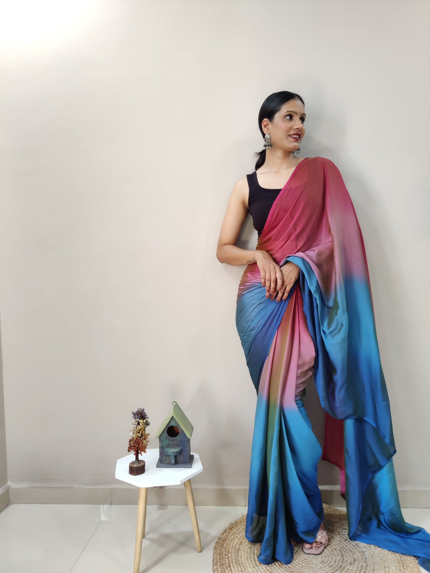 1-MIN READY TO WEAR  PEACOCK  IMPORTED SILK SAREE  WITH BLOUSE