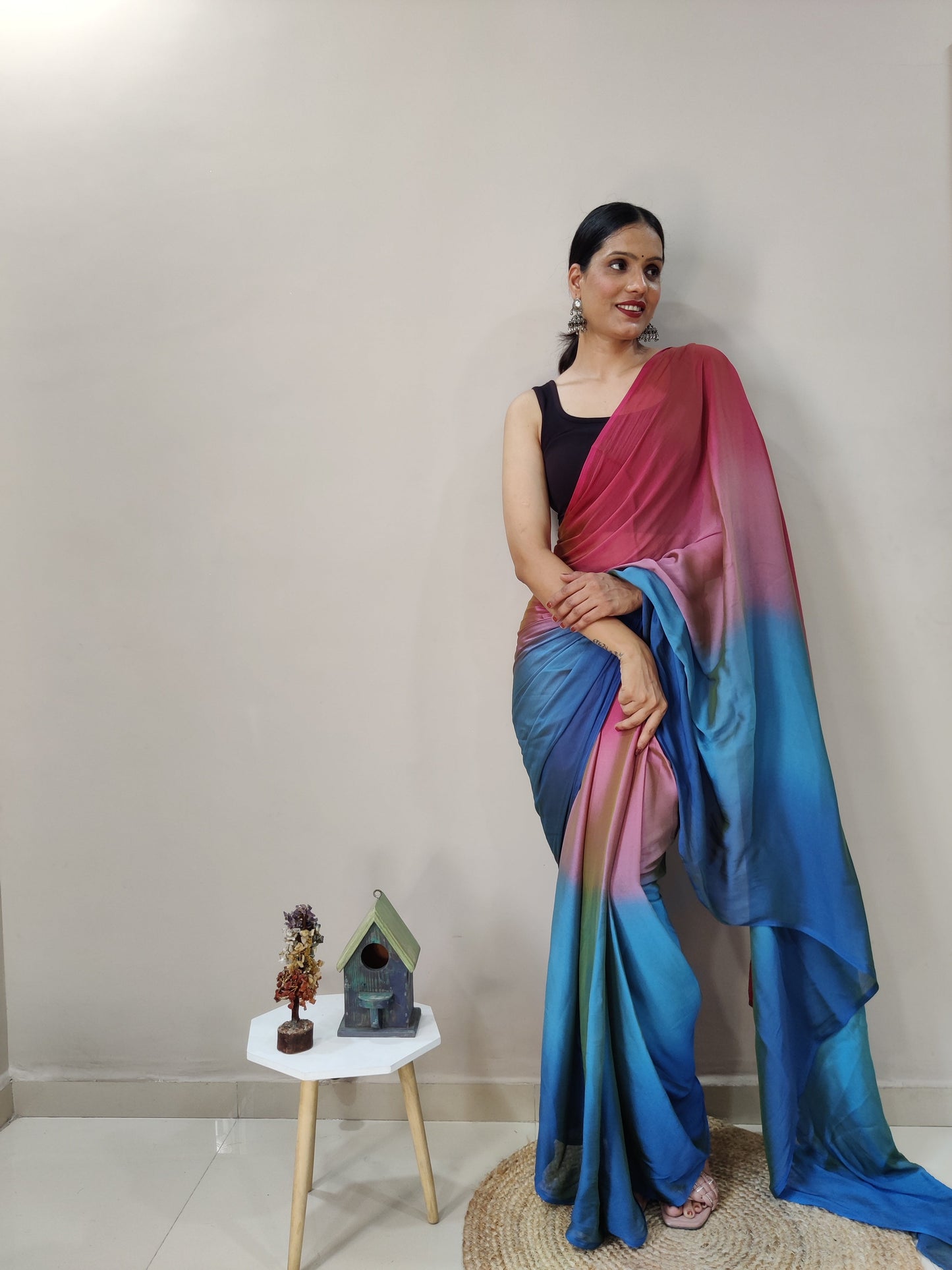 1-MIN READY TO WEAR  PEACOCK  IMPORTED SILK SAREE  WITH BLOUSE