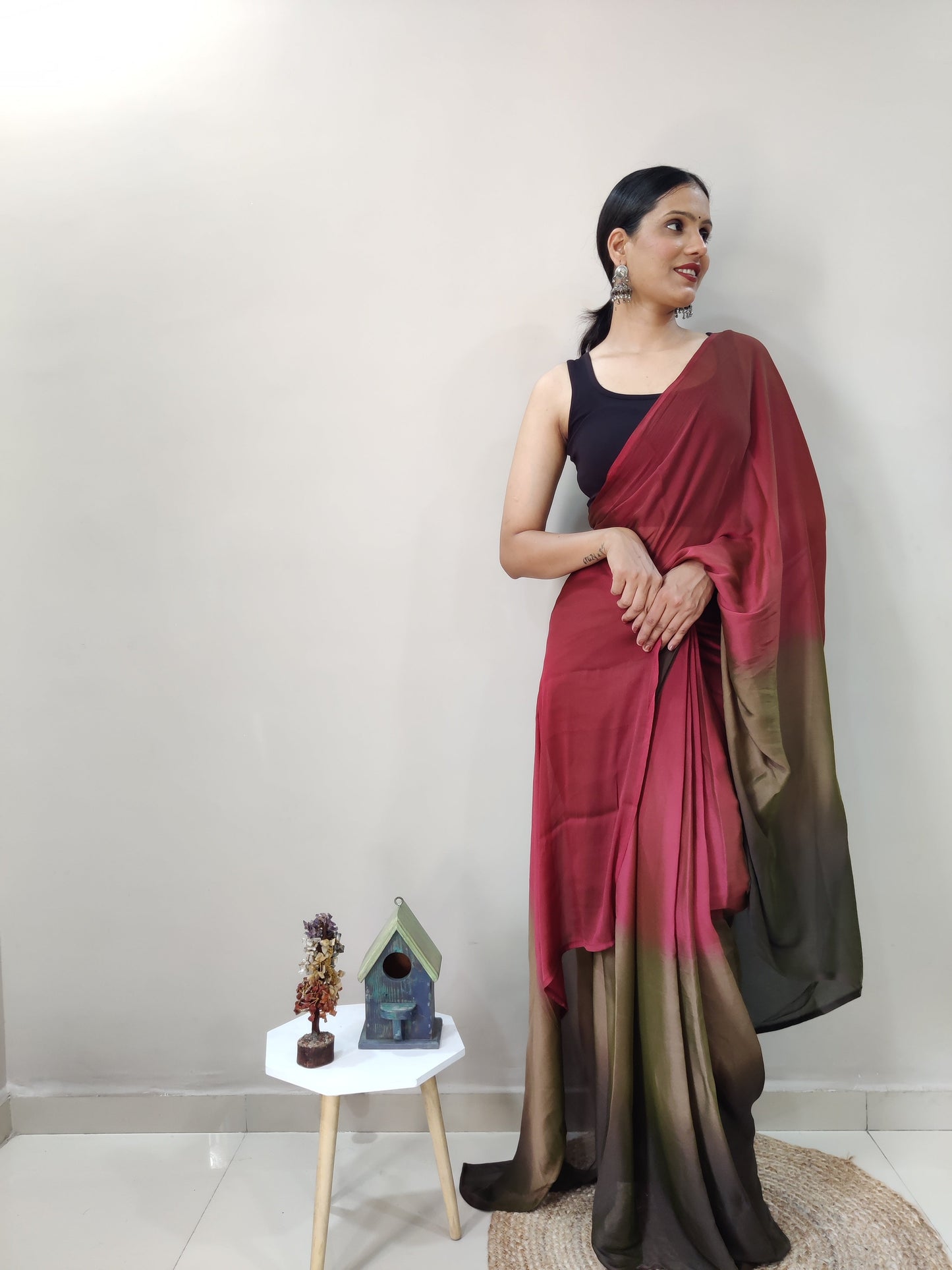 1-MIN READY TO WEAR  DARK COFFEE  IMPORTED SILK SAREE  WITH BLOUSE