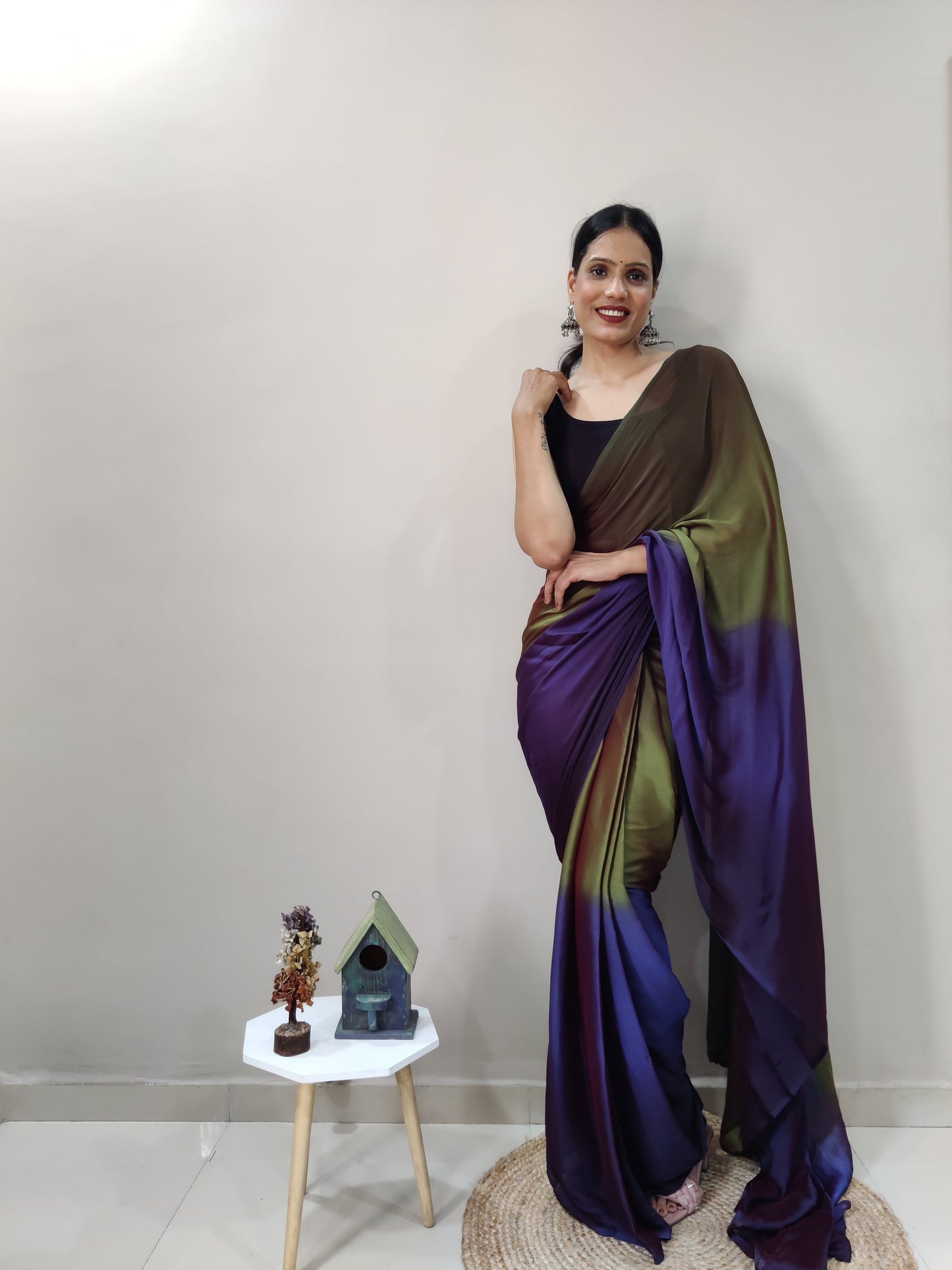 1-MIN READY TO WEAR   AVOCADO  IMPORTED SILK SAREE  WITH BLOUSE