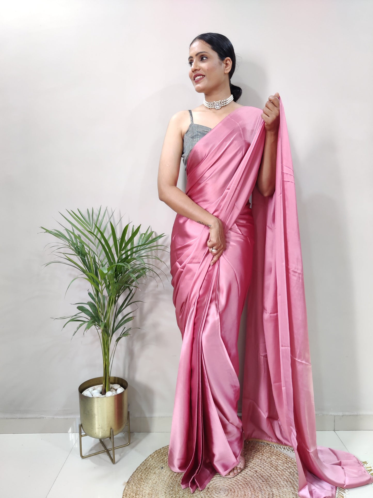 1-MIN READY TO WEAR  Dusty Rose Satin Silk Saree With Handmade Tassels On Pallu