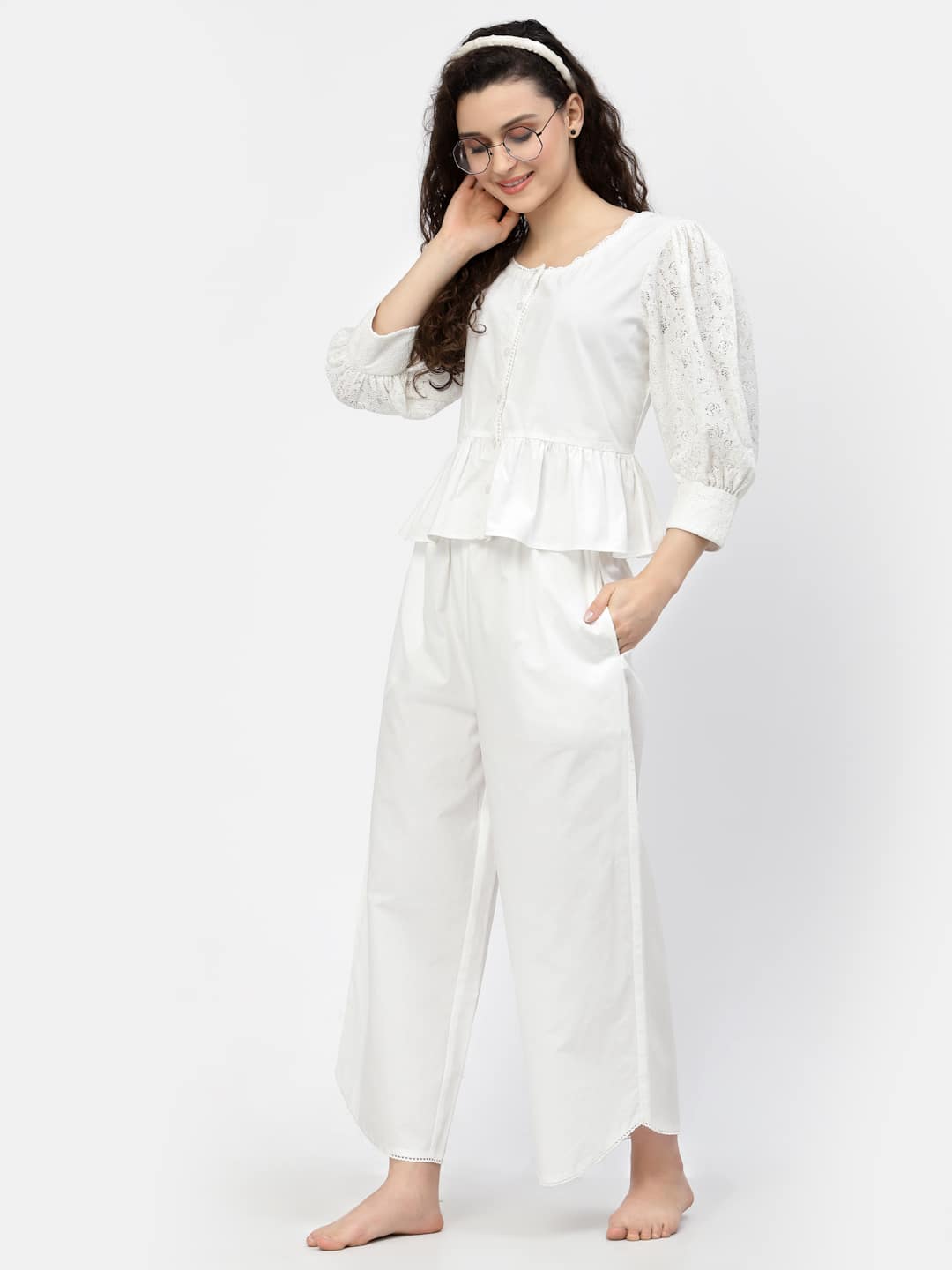 White Top With Flared Cotton Pyjama Set