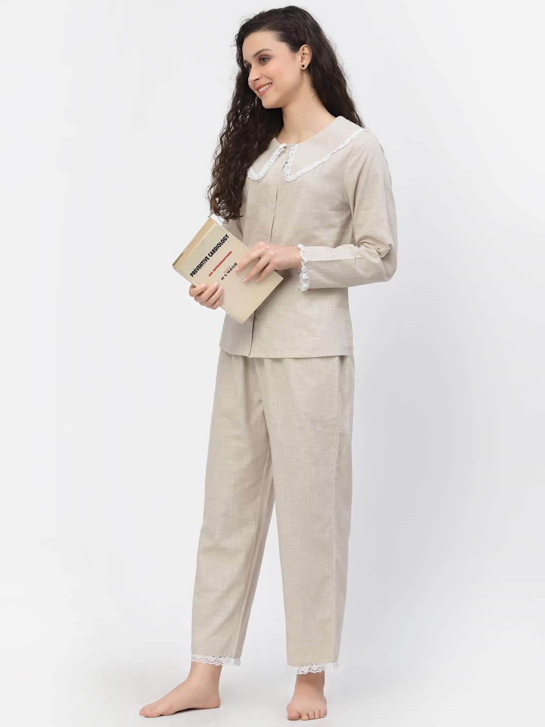 Lacy Cotton Beige Pretty Pyjama Night Suit