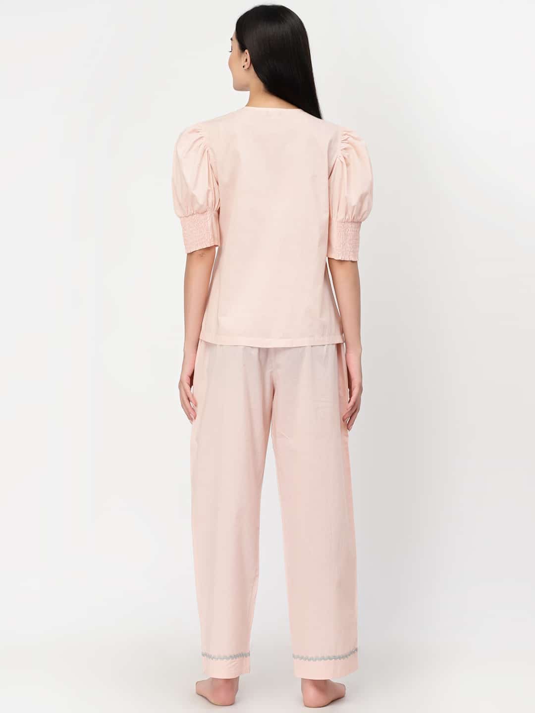 Peach With Brown Lace Cotton Pyjama Night Suit
