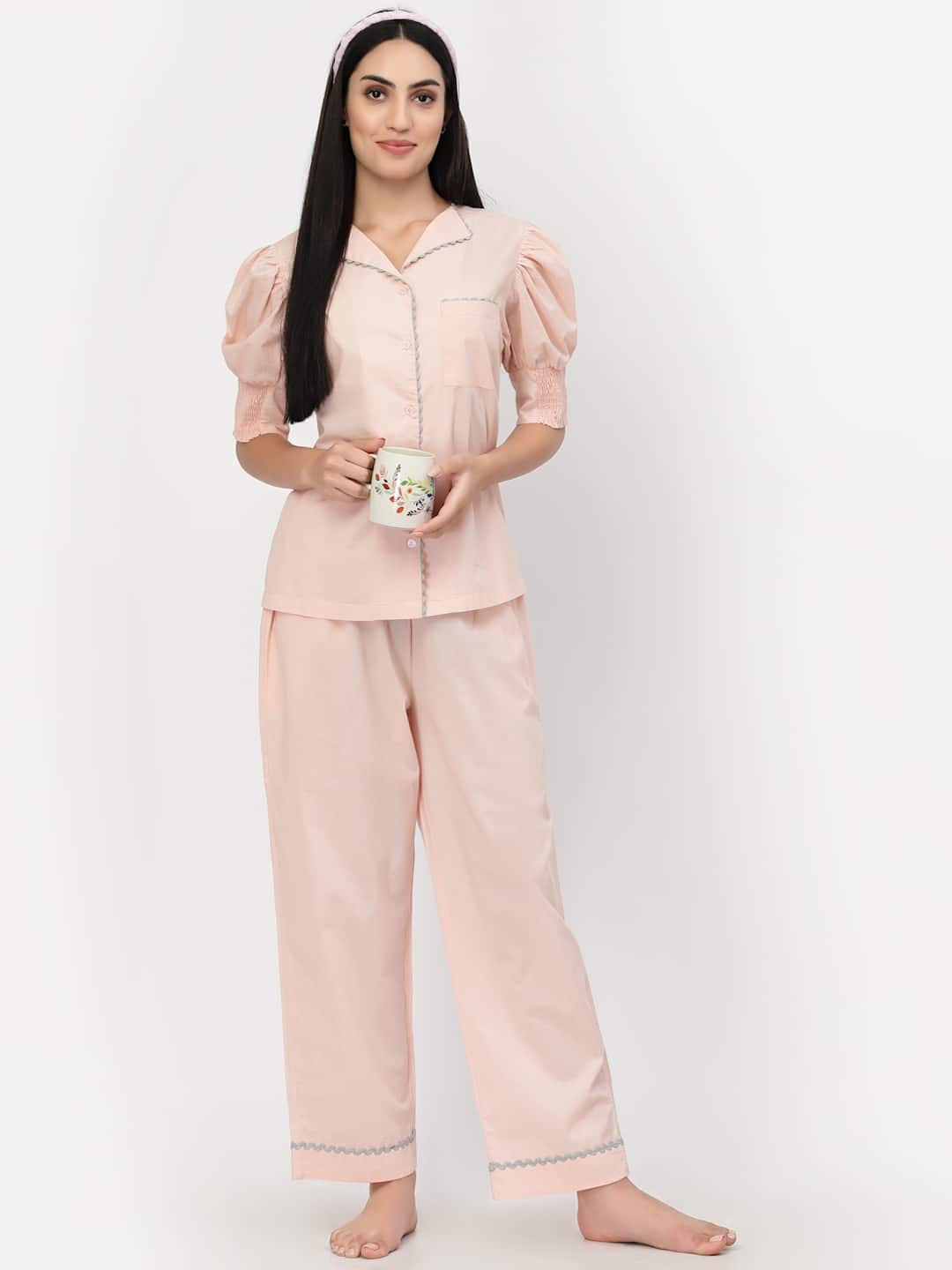 Peach With Brown Lace Cotton Pyjama Night Suit