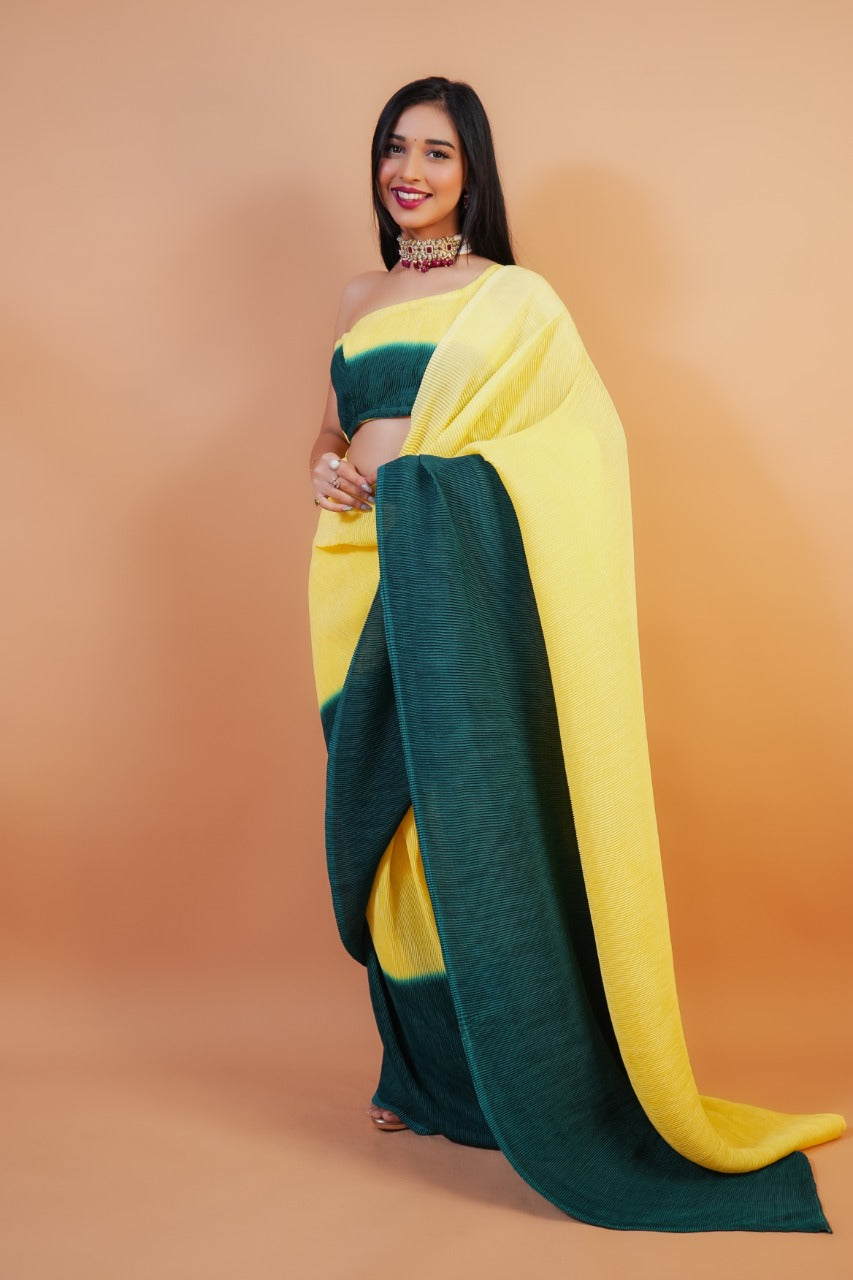 1-MIN READY TO WEAR SAREE IN Ombre Yellow Green Pleated  Saree