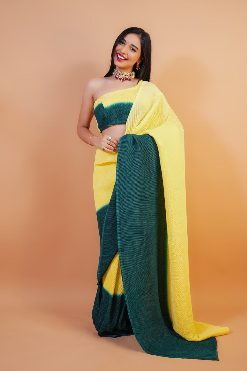 1-MIN READY TO WEAR SAREE IN Ombre Yellow Green Pleated  Saree
