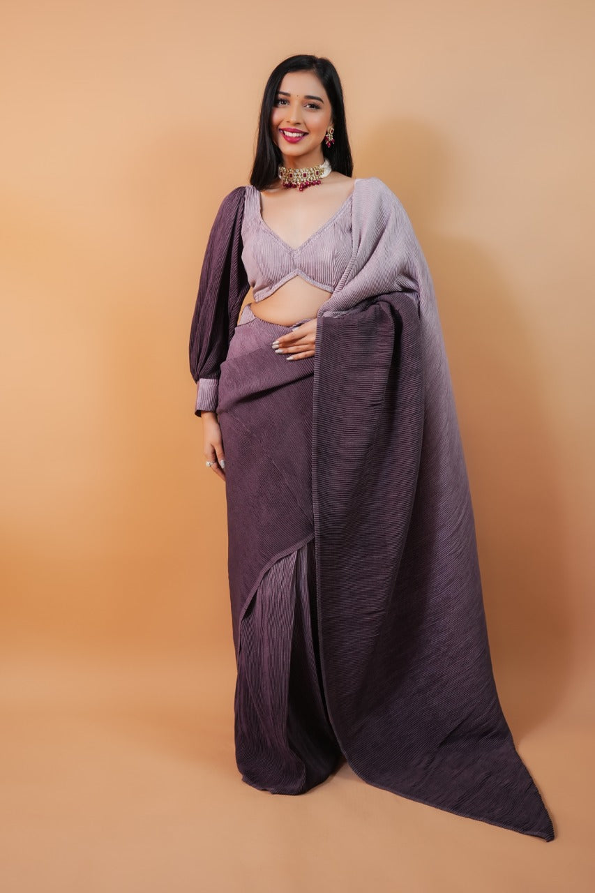 1-MIN READY TO WEAR SAREE IN Ombre Grape Pleated  Saree
