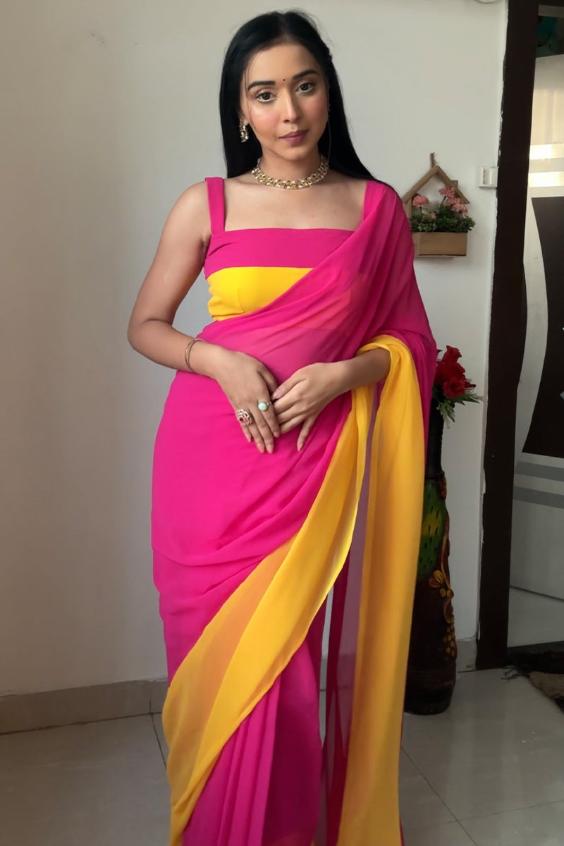 1-Minute Ready To Wear Pink And Yellow Georgette Saree