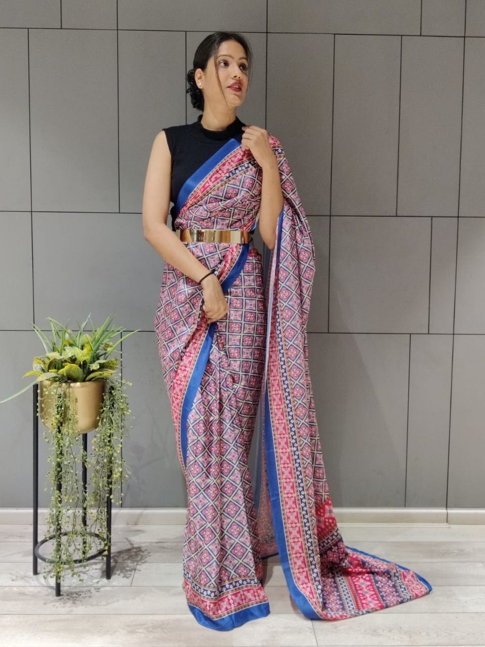 1-Min Ready To Wear Saree In Chinon Ajrakh Patola Design With Blouse