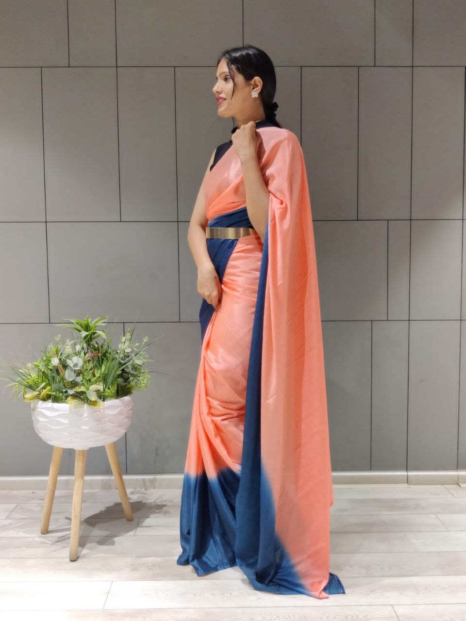 1-Min Ready To Wear Saree In Premium Peach Chinon With Blouse