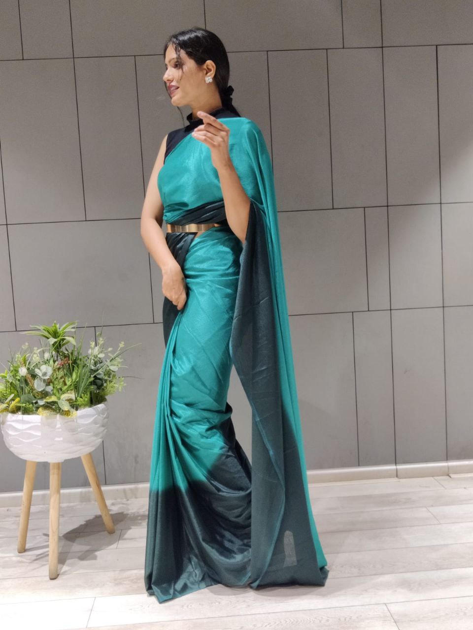 1-Min Ready To Wear Saree In Premium Rama Chinon With Blouse
