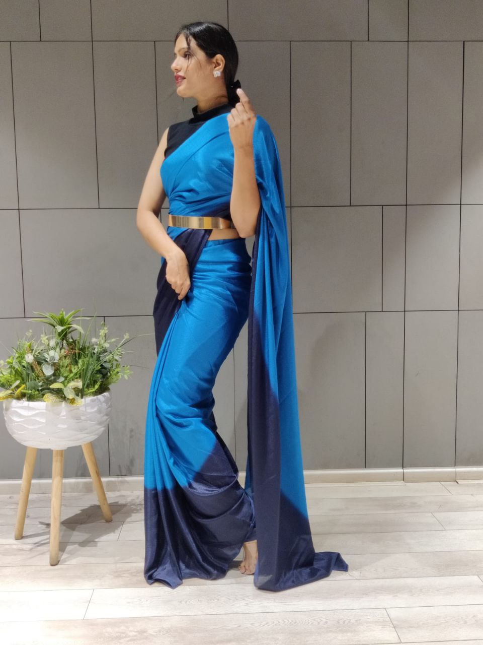 1-Min Ready To Wear Saree In Premium Dark Blue Chinon With Blouse