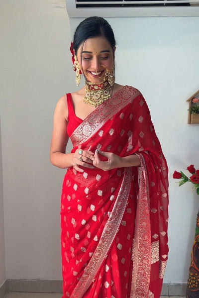 1 Min Ready To Wear Candy Red Banarasi Silk Saree With Blouse