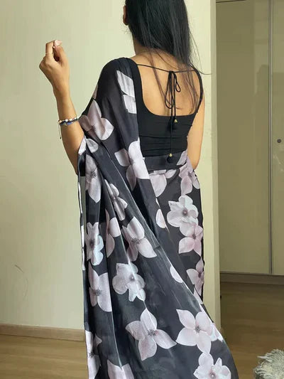 1 MIN READY TO WEAR SAREE IN BLACK FLORAL WITH BLOUSE